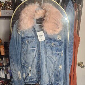 Forever 21 distressed denim jacket with pink fur collar